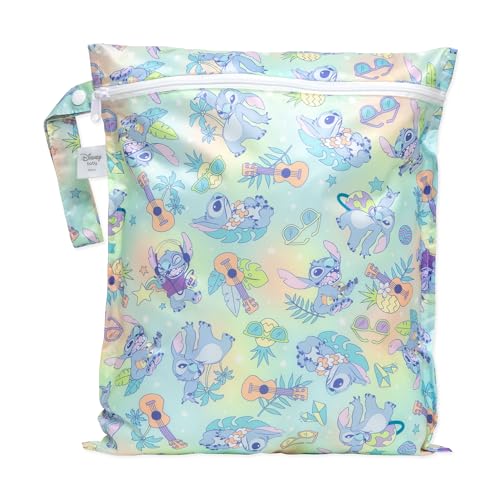 Image of Bumkins Disney Waterproof Wet Bag for Baby, Travel, Swim Suit, Cloth Diapers, Pump Parts, Pool, Beach, Gym Clothes, Toiletry, Hook to Stroller, Daycare, Zipper Reusable Wetdry Packing Pouch, Stitch