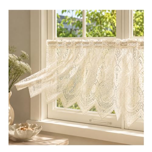 Image of piercing Curtains for Kitchen, Lace Curtains, Kitchen Window Curtains, Sheer Curtains, Kitchen Curtains 29 inchx39 inch Lace Tier 1-Panel Rod Pocket Floral Scalloped Cafe Light Filter White (Style 5)