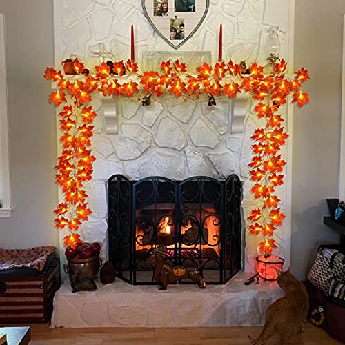 Image of 4 Pack Fall Decor Fall Garland with Lights Fall Decorations for Home, Total 40Ft 80LED Enlarged Maples Leaves Fall Lights Battery Operated Autumn Halloween Thanksgiving Decor Indoor Outdoor Christmas