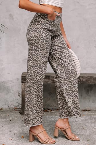 Apvirdy Women's Leopard Frayed Edge Denim Pants Wide Leg High Waist Trendy Elegant Jeans 20253