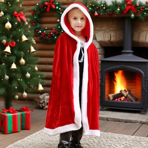 YISKY Roter Weihnachtsumhang mit Kapuze, Damen Santa Claus Kostüm, Rot Samt Mantel, 100 cm, Unisex, Elegantes Design, Perfekt für Weihnachten, Silvester, Cosplay & mehr