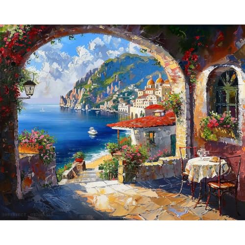 Toperfect 32 Arte originale Mediterraneo, Archway to MED Sea, paesaggio murale paesaggio marino pittura cafe arredamento sala da pranzo, dipinto a mano pittura mediterranea acrilico su tela da