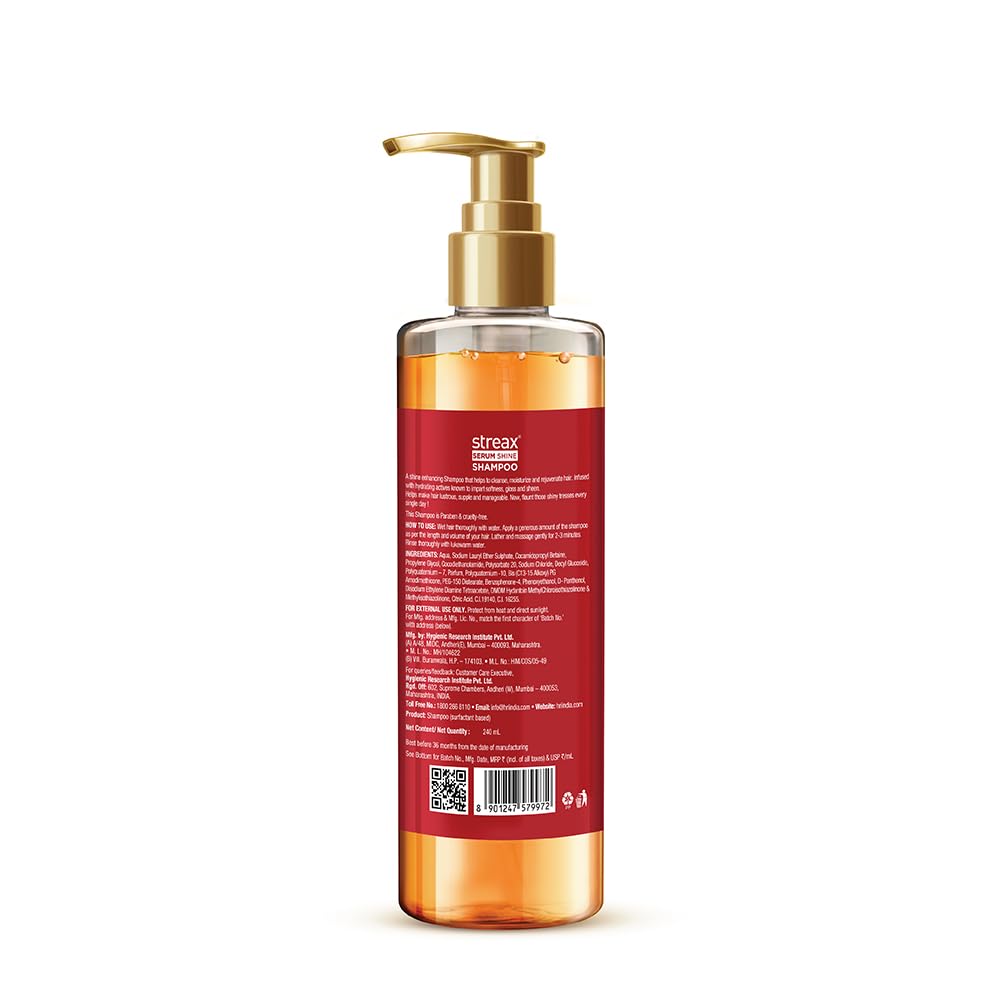Streax Champú brillante para cabello encrespado y seco, sin parabenos, con activos de silicona, controla el encrespamiento, para cabello suave y brillante, 240 ml