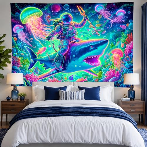 Image of BlissYard Neon Astronaut Shark Black Light Tapestry UV Reactive Psychedelic Underwater Galaxy Wall Hanging for Living Room Bedroom Dorm Room Bar Party Decor 78x59 Inch