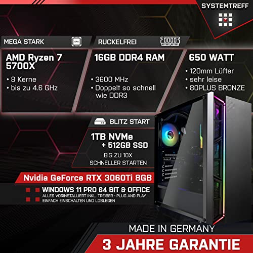 SYSTEMTREFF® Gaming Komplett PC Set AMD Ryzen 7 5700X 8x4.6GHz | Nvidia GeForce RTX 3060Ti 8GB DX12 | 1TB M.2 NVMe + 512GB SSD | 16GB DDR4 RAM | WLAN Desktop Paket Computer für Gamer, Gaming – Bild 3