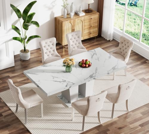 Image of Faux Marble Dining Table Set for 6, Extendable Kitchen Table Set for 6 | 63-78.74 inch White Expandable Table, 6 Beige Velvet Chairs, Modern Extendable Dining Table Set for Living Room Kitchen Apartment