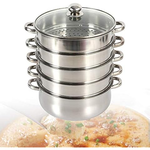 5 Layer Stainless Steel Steamer with Large Capacity, Durable Pressure Cooker, Built-in Steamer, Inner Diameter 26cm, Silver Cookware Cover