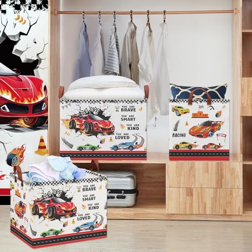 Image of Race Car Room Decor Basket,Waterproof Car Themed Storage Bins for Boys,Collapsible Kids Laundry Hamper with Parking Sign,Rectangular Tire Toy Box for Bedroom Bathroom, Boo Basket for Halloween