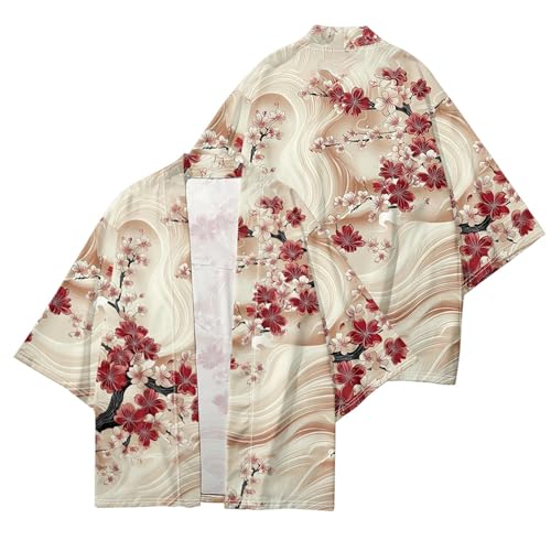 Image of DOSLAVIDA Men's Japanese Kimono Jacket Set Stylish Open Front Coat With Shorts Chinese Style Printed Cardigan Suit