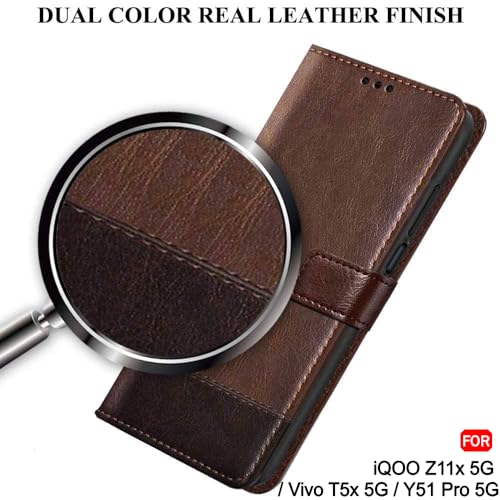 Image of TheGiftKart Flip Back Cover Case for iQOO Z11x 5G / Vivo T5x 5G / Vivo Y51 Pro 5G | Dual-Color Leather Finish | Inbuilt Stand & Pockets | Wallet Style Flip Case Cover (Faux Leather, Brown & Coffee)
