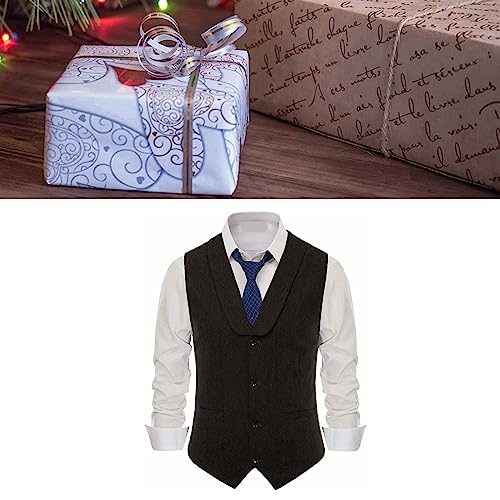 Herringbone Tweed Suit Vest for Men,Shawl Collar Business Single-Breasted Waistcoat,Wedding,Dinner (Color : Black, Size : Medium)2