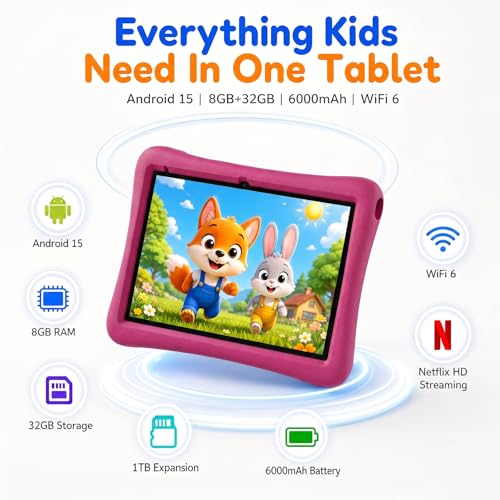 Image of Kids Tablet 10 Inch Android Tablet for Kids Comes with a Shock-Resistant Protective Case, 8GB RAM 32GB ROM Tablets Supports 1TB MicroSD, 6000mAh Battery Dual Cameras 5G Wifi6 Android Tablets with Case