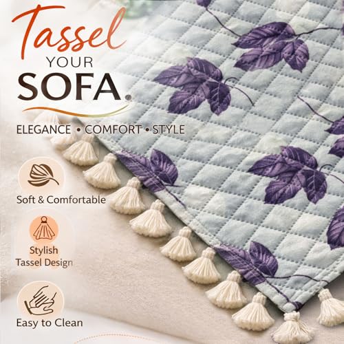 Image of HOKIPO Lavender Vine Quilted Sofa Cover 5 Seater Set - Washable 3+1+1 Sofa Cover for Seat & Back with Tassel Design | 'Tassel Twigs' Series (IN-991-T1 + IN-989-T1)