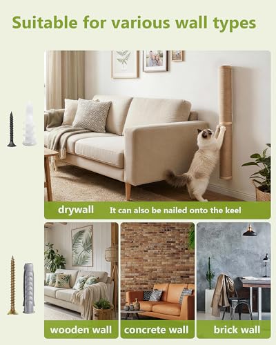 KwiMeow Cat Scratching Post Wall-Mounted, 86cm Tall Wooden Scratching Posts for Indoor Cats, Sturdy & Invisible, Rotatable Natural Jute Rope Column (Wooden-1pc) - Image 5