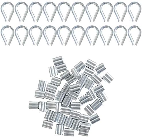 70 Pcs Wire Rope Thimble Sets, Stainless Steel Thimble & Wire Rope Aluminum Crimping Loop Sleeve,Crimps Rust-Free Eyelet Metal Cable Rig for 2mm Wire,for Wire Rope Rigging