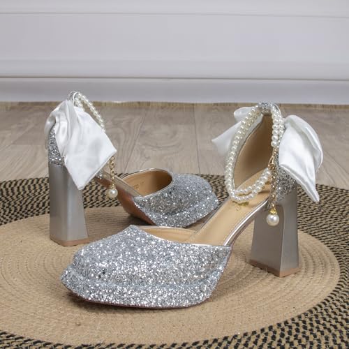 Women's Pearl Ankle Strap High Heels with Bow Black Platform Heels for Women Closed Toe Red Gold Silver Glitter Formal Party Dress Block Pumps Shoes Comfortable3
