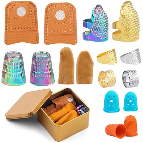 Ftyiwu Sewing Thimble, Hand Sewing Thimble with Storage Box, Adjustable Metal Sewing Thimble, Leather Finger Protector, DIY Hand Sewing Tool Accessories Cover