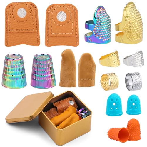Ftyiwu Sewing Thimble Hand Sewing Thimble with Storage Box Adjustable Metal Sewing Thimble Leather Finger Protector DIY Hand Sewing Tool Accessories