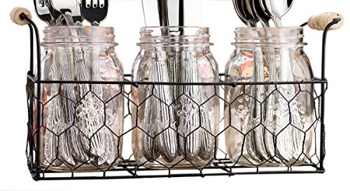 Set of 3 Clear Glass Mason Jars in Wire Tray with Wooden Handles, Flatware Caddy Organizer Set for Home & Parties