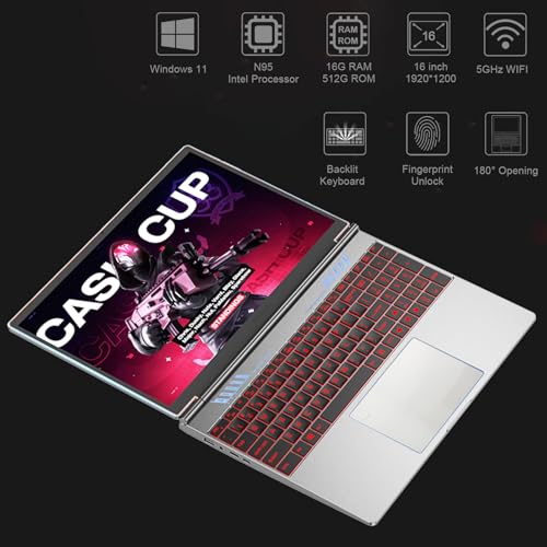 Image of 16 inch Laptop, Win11,16GB DDR4 512GB Gaming Laptops with Intel N95 Quad-Core Processor,Fingerprint Unlock Backlit Keyboard,1920P FHD Display,180 Opening,WiFi 5GHz,USB3.0,Long Battery Life