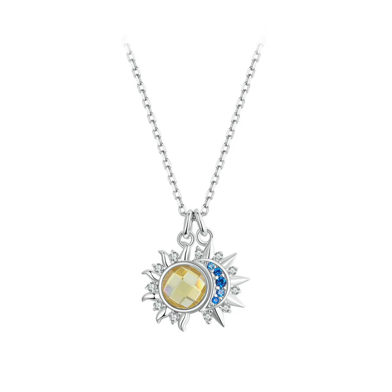 Collana Con Ciondolo Energetico Sole E Luna In Argento Sterling 925 E Oro Bianco, Per Donna, Regalo Di Alta Gioielleria Per Feste