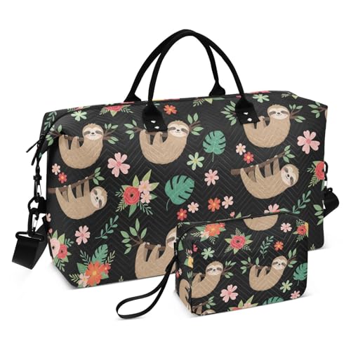 Cartoon Sloth Flowers Black Travel Duffel Bag for Men Women with Makeup Bag Weekend Overnight Carry On Bags for Travel Getaway Weekend