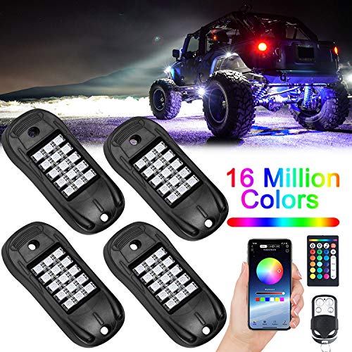 USTELLAR RGB LED Rock Lights 4 Pods APP Remote Timing Music Sync Color Changing Neon Lighting Kit Waterproof Exterior Underglow Light for Jeep Under Car Truck ATV RZR UTV SUV Off Road AUTO Motorcycle