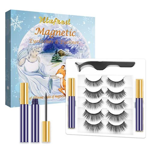 Magnetic Eyelashes with Eyeliner ,5 Pairs Natural Looking Magnetic Eyelashes Kit,3D/5D Fake False Magnetic with Applicator,Easy to Apply and No Glue Needed