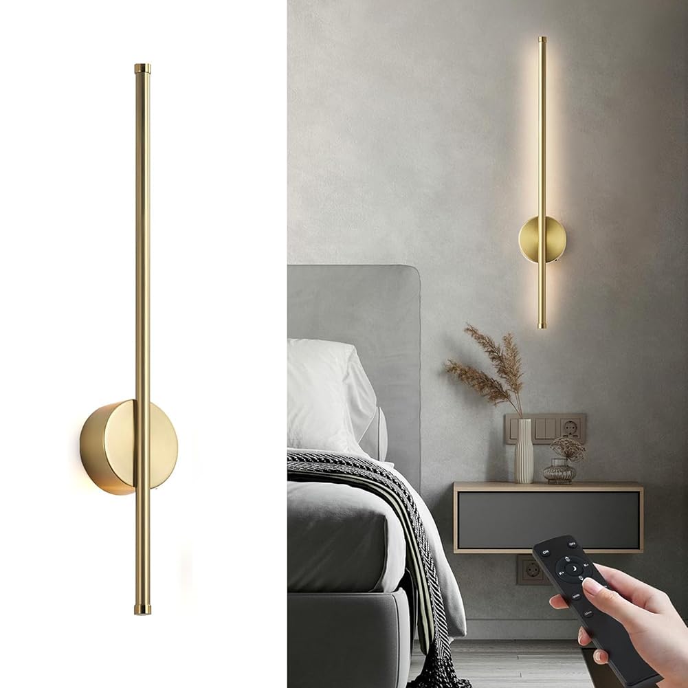 LED Wandleuchte Akku mit Fernbedienung Dimmbar Lange Wandlampe Kabellose Touch Schalter Ohne Stromanschluss Wandbeleuchtung Batteriebetrieben USB Aufladung Timer Nachttischlampe Innen,Gold,80CM