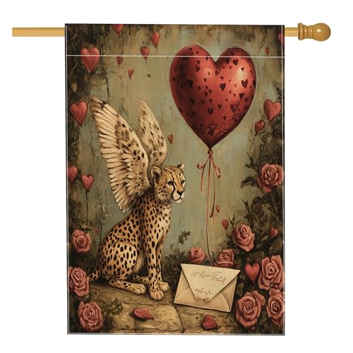 Valentine's Day Cheetah House Flags 28x40 Inch Double Sided for Outside, Aesthetic Retro Wildlife Standard Vertical Canvas Home Flags, Vintage Animal Front Yard Backyard Decoration