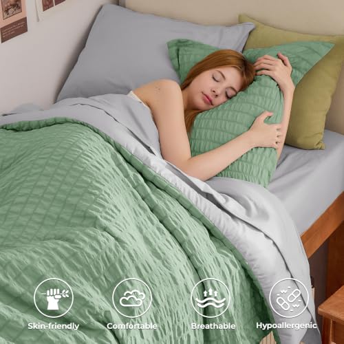 Image of HYMOKEGE Sage Green /Light Grey Twin XL Comforter Set Seersucker 5 Pieces, All Season Luxury Bed in a Bag for Bedroom, Bedding Set with Comforter, Sheets, Pillowcase & Sham
