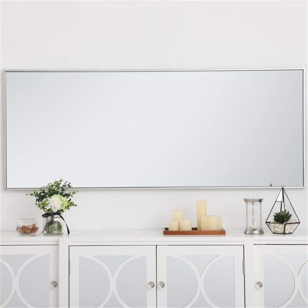 Pemberly Row 60" x 24" Rectangular Metal Frame Mirror, Silver Finish, Beveled Glass, Contemporary Minimalistic Design, Vertical or Horizontal Wall Mount for Living Room, Bedroom, Bathroom, or Foyer