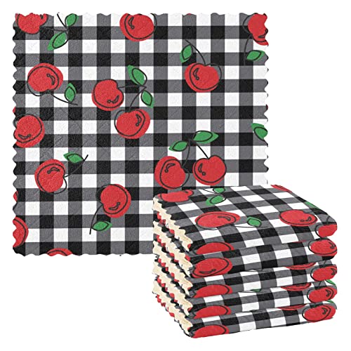CaTaKu Cherries Plaid Kitchen Dish Cloths, 6 Pack Reusable Dish