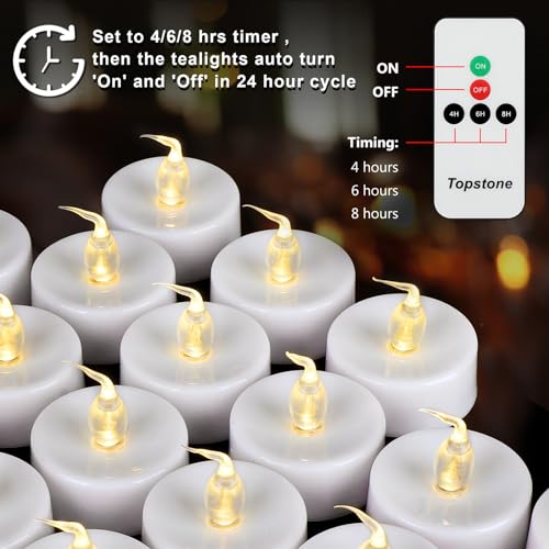 Image of Topstone Flameless LED Tea Lights Candles Battery Operated, 12 Pack | Remote Control Timer with Timer Memory, Manual On Off Switch, Flickering Warm White, Cool to Touch Kid Pet Safe