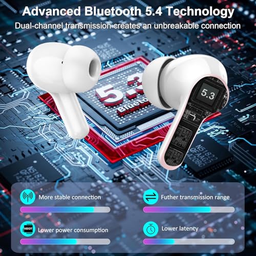 Image of Wireless Earbuds, Bluetooth Headphones 5.4 HiFi Stereo Ear buds with ENC Noise Cancelling Mic, 40H Bluetooth Earbuds with Dual LED Display Charging Case, IP7 Waterproof Earphones for Android iOS, Pink