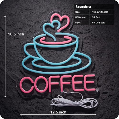 Image of Coffee Neon Sign for Business, USB Powered Dimmable Bright Signs for Coffee Shop Bar Station (16.5 X 12.6 in)