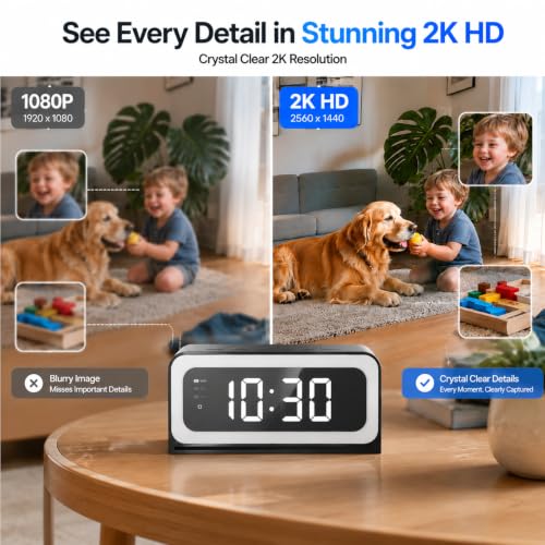 JCMNETE 2K Alarm Clock with Camera for Home Security, 5G&2.4GHz WiFi Digital Clock Camera with Color Night Vision, AI Motion Detection, SD/Cloud Storage, Indoor Baby Pet Elderly Monitor — view 3