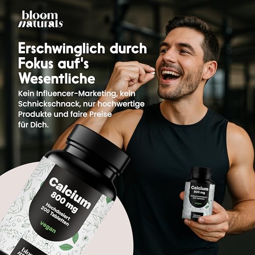 Calcium Tabletten Hochdosiert - 200 Tabletten - 800mg Kalzium pro Tag - Calziumtabletten Hochdosiert - vegan und produziert in Deutschland - Laborgeprüft - Verpackung kann variieren