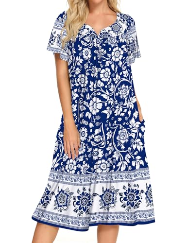 Image of Bloggerlove Mumu House Dress for Women with Pockets Short Sleeve Nightgowns | 15% Cotton, 80% Polyester, 5% Spandex, Floral Mumu House Dress, V-Neck, Short Sleeves, Midi Length, 2 Side Pockets, Lounging