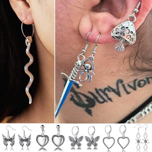 Gothic Earrings Set, Metal Punk Goth Vintage Silver Snake Spider Butterfly Dagger Dangle Drop Earrings for Women, Grunge Y2K Emo Jewelry Pack Party Costume Accessories (Style1)3