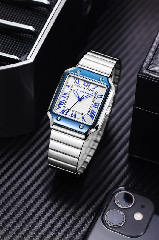 Image of Giordano Analog Watch for Men with Square Textured Dial, Roman Numerals, Quartz Movement and Stainless Steel Strap