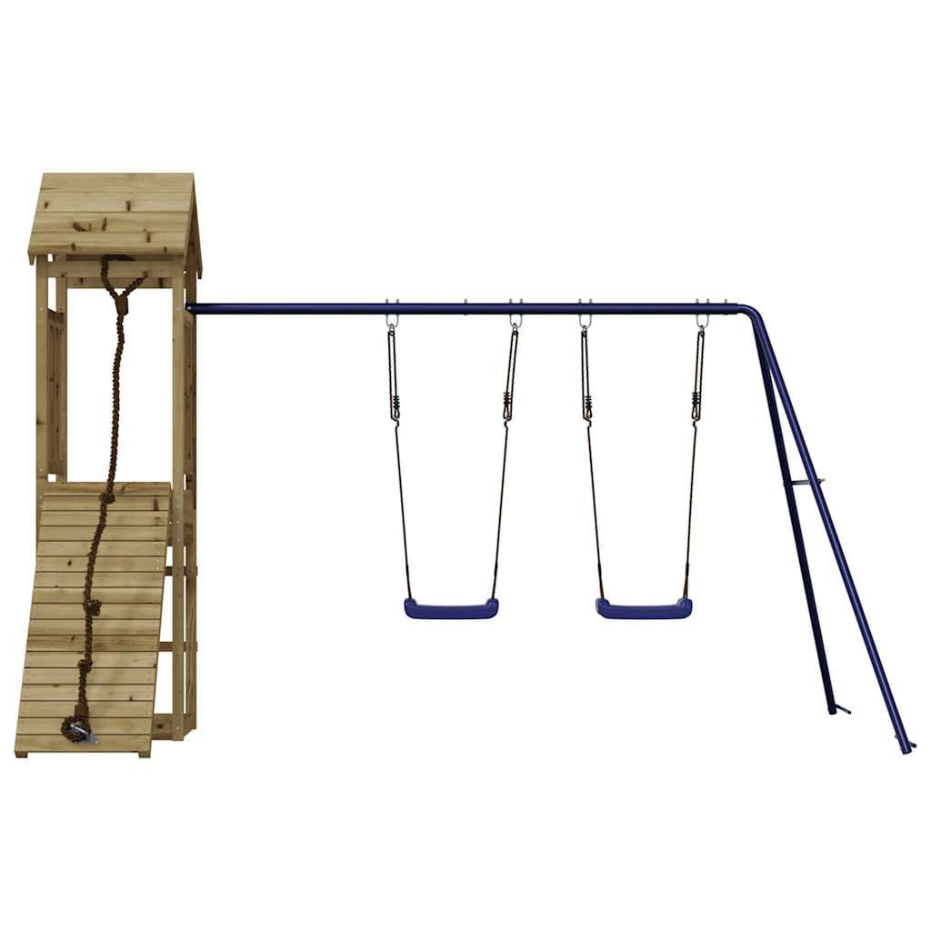 Torre de juego de madera de pino impregnada con estructura de escalada, columpio doble, arenero y pedestal para jardín, juguetes al aire libre, diversión en el patio de recreo y desarrollo
