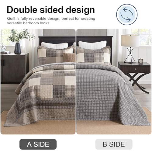 Image of EWlinens 120 inchx120 inch Oversized King Bedspread - 100% Cotton Lightweight California King Bedspreads Coverlet Set, Farmhouse Patchwork Plaid Reversible Quilts Bedding Set, 3pcs, Brown /Beige /Khaki