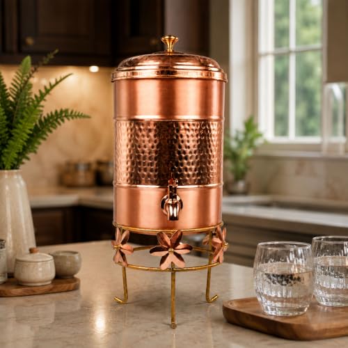 Image of Artarium Pure Copper Water Dispenser 7 Litre with Tap, Handcrafted Semi-Hammered Copper Water Storage Container with Lid, Ayurvedic Water Dispenser for Home, Kitchen, Office & Dining