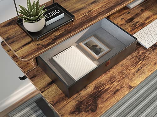 Image of FEZIBO 48 x 24 Inch Whole-Piece Height Adjustable Standing Desk with Double Drawers, Sit Stand Desk, Home Office Stand Up Table with 4 Height-Adjustable Feets & 2 Hooks, Rustic Brown Top