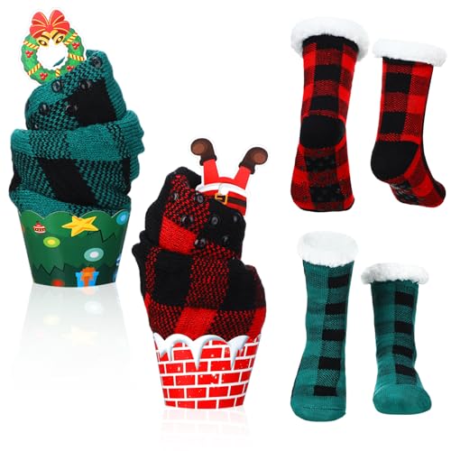 Image of Suhine 2 Pairs Christmas Slipper Socks for Women Fuzzy Cupcake Socks with Gift Boxes Plaid Socks for DIY Winter Xmas Gift
