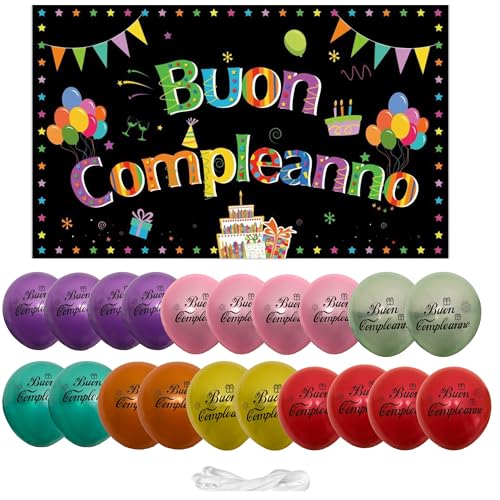 ® IM | Striscione Buon Compleanno 110x180 cm+ 12 Palloncini con scritta BuoN compleannO in Italiano da Appendere | Palloncino compleannO| Decorazioni. (MULTICOLORE)