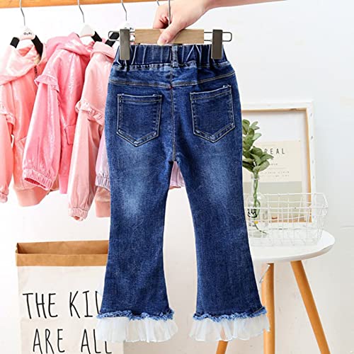 easyforever Girls Jeans Bell-Bottoms Flare Jeans with Pearls Lace Ruffle Kids Distressed Denim Skinny Leggings Pants2