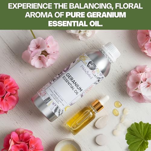 Image of VedaOils Geranium Essential Oil 100ml | Pure & Natural Geranium Oil for Skin, Hair, Diffuser, Candles, Air Fresheners, Soaps & Aromatherapy