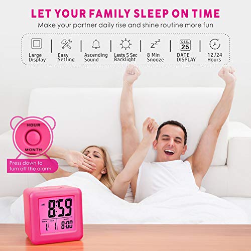 Plumeet Digital Kids Alarm Clock With Snooze And Nightlight - Easy Setting Silicone Clock Display Time, Date - Loud For Bedroom - Battery Powered (Pink) #TOP1